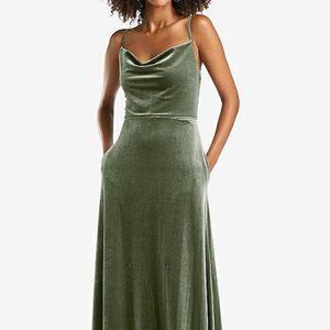 After Six 1541....Cowl-Neck Velvet Maxi Dress with Pockets....Sage...Sz 2